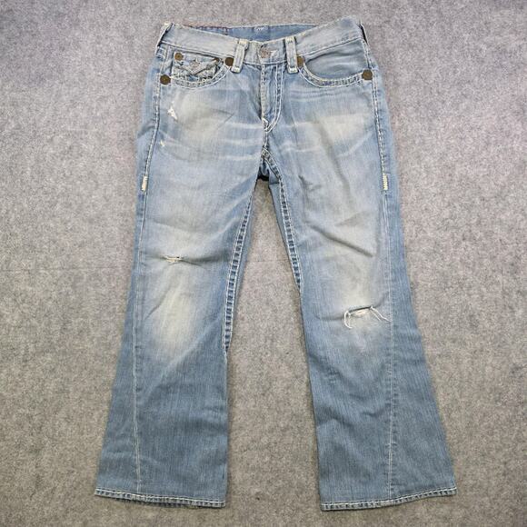 True Religion Jeans Men 33 Light Wash Joey Super T Bootcut Distress Thick Stitch - Picture 2 of 16